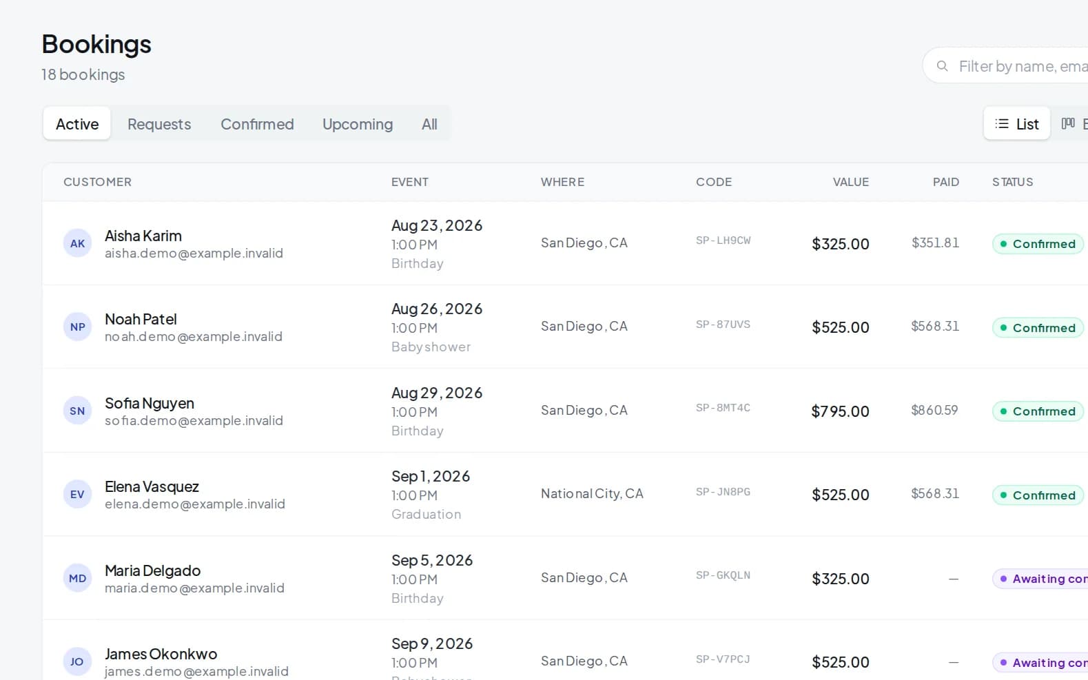 Riola bookings list with confirmed and awaiting-confirmation events