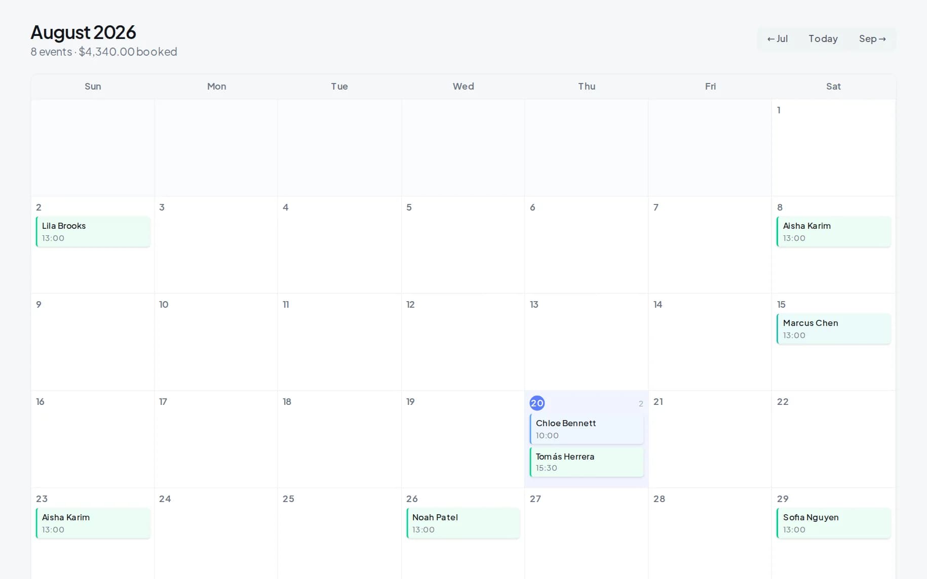 Riola calendar of upcoming rental events