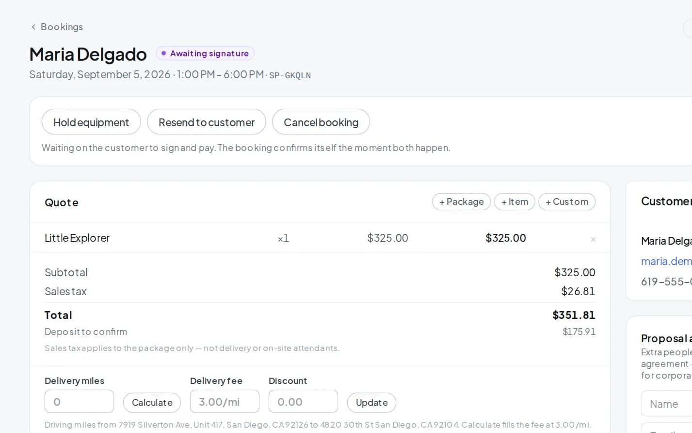 Riola booking with contract sent and deposit invoice ready