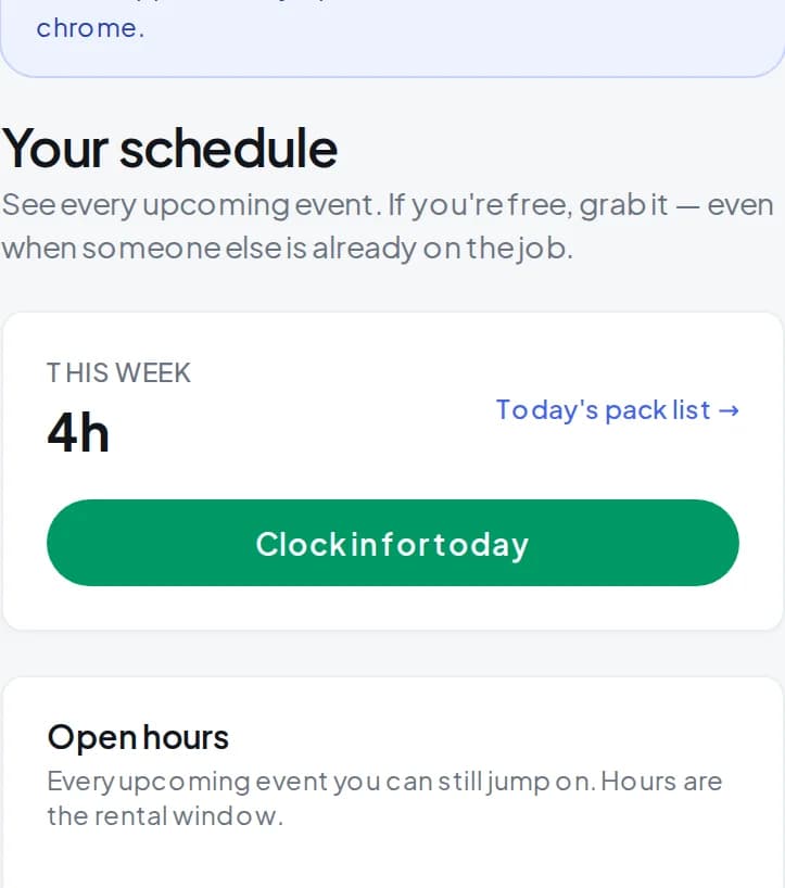 Riola crew phone view with clock-in and today’s jobs