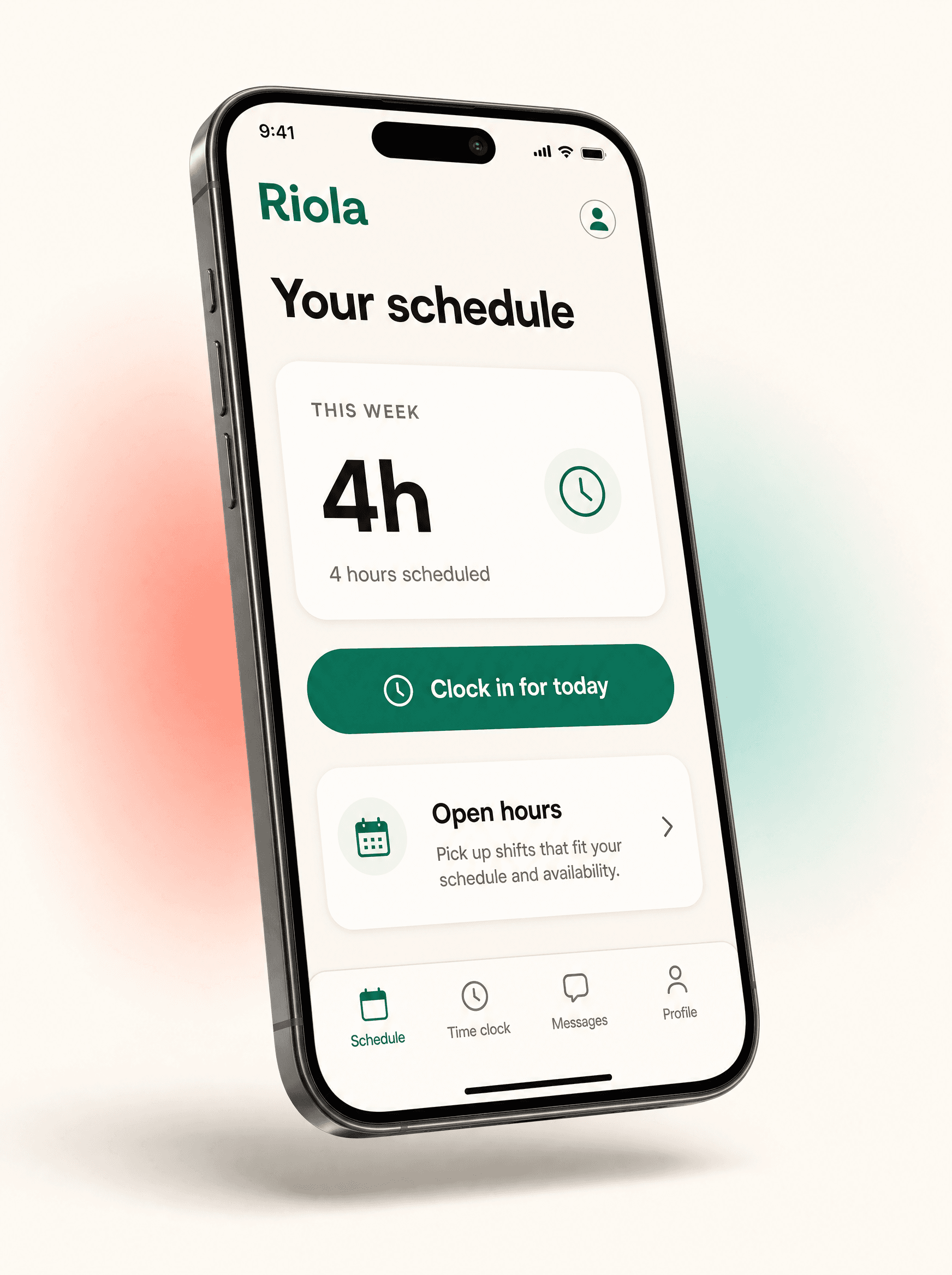 Riola crew iOS app mockup showing today’s schedule and a clock-in button